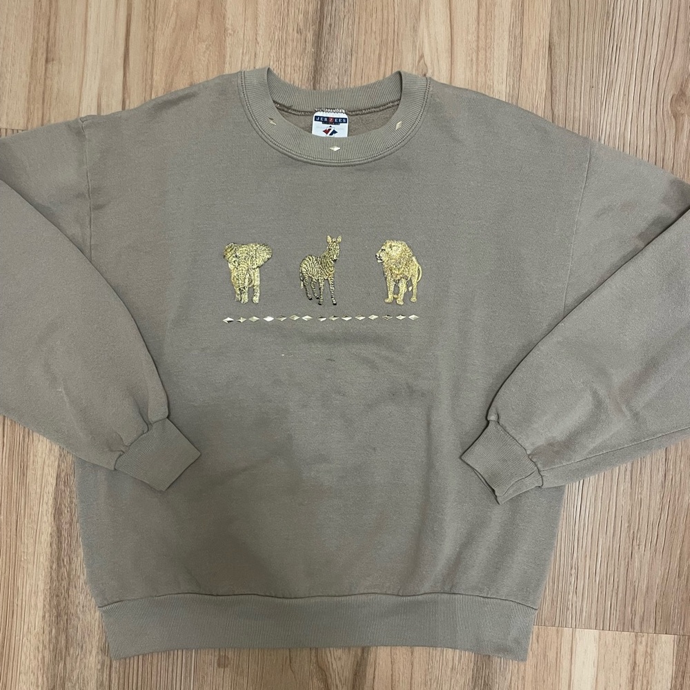 Vintage Tan Crewneck with Gold Animal Detailing and Jewels